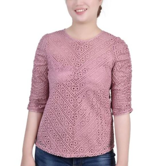 NY Collection Tops - NY Collection Women's Rouched Sleeve Lace Top Lilas Size Petite Medium NWT, $43